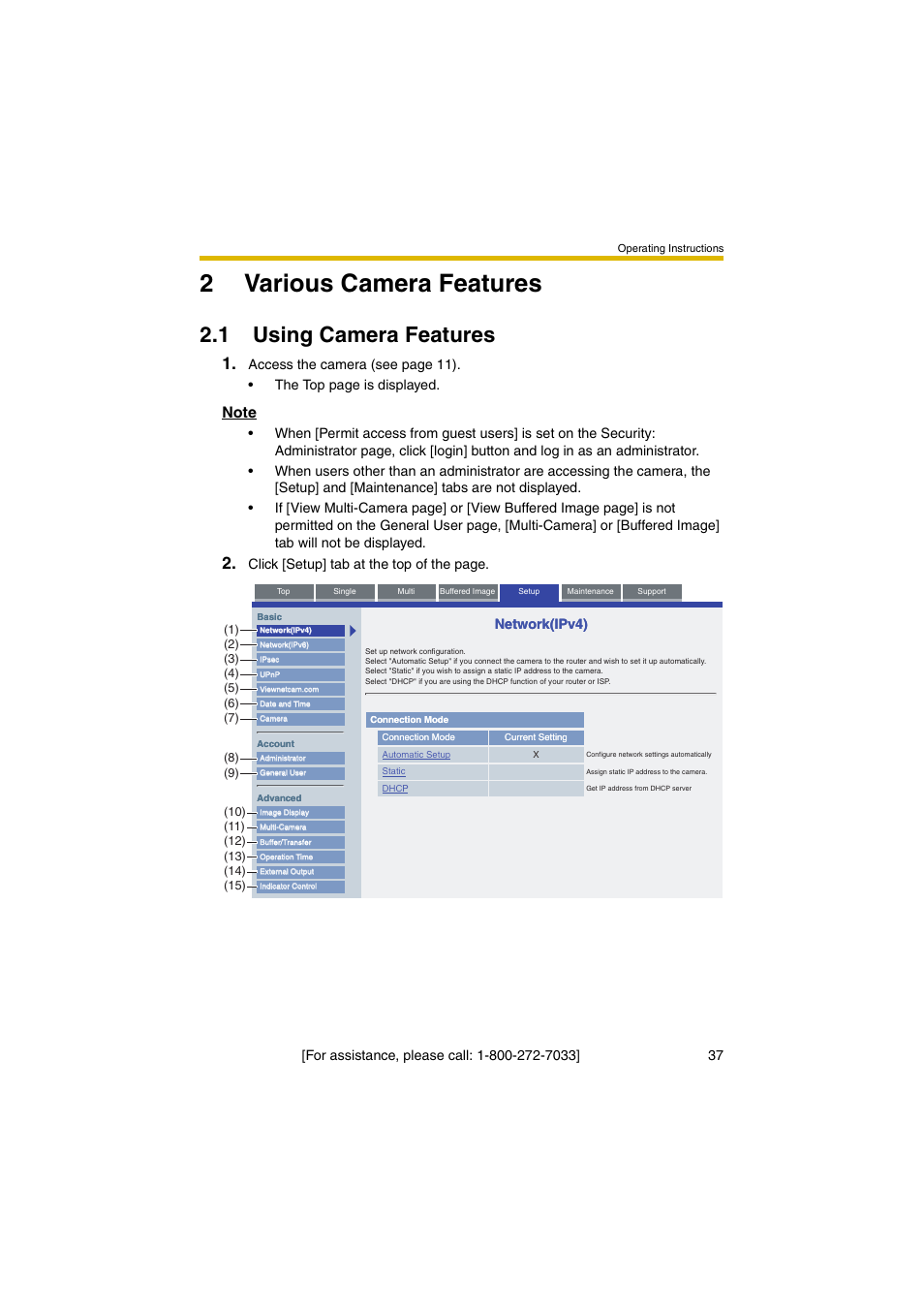 1 using camera features, 2various camera features, Click [setup] tab at the top of the page | Network(ipv4) | Panasonic KX-HCM280A User Manual | Page 37 / 148