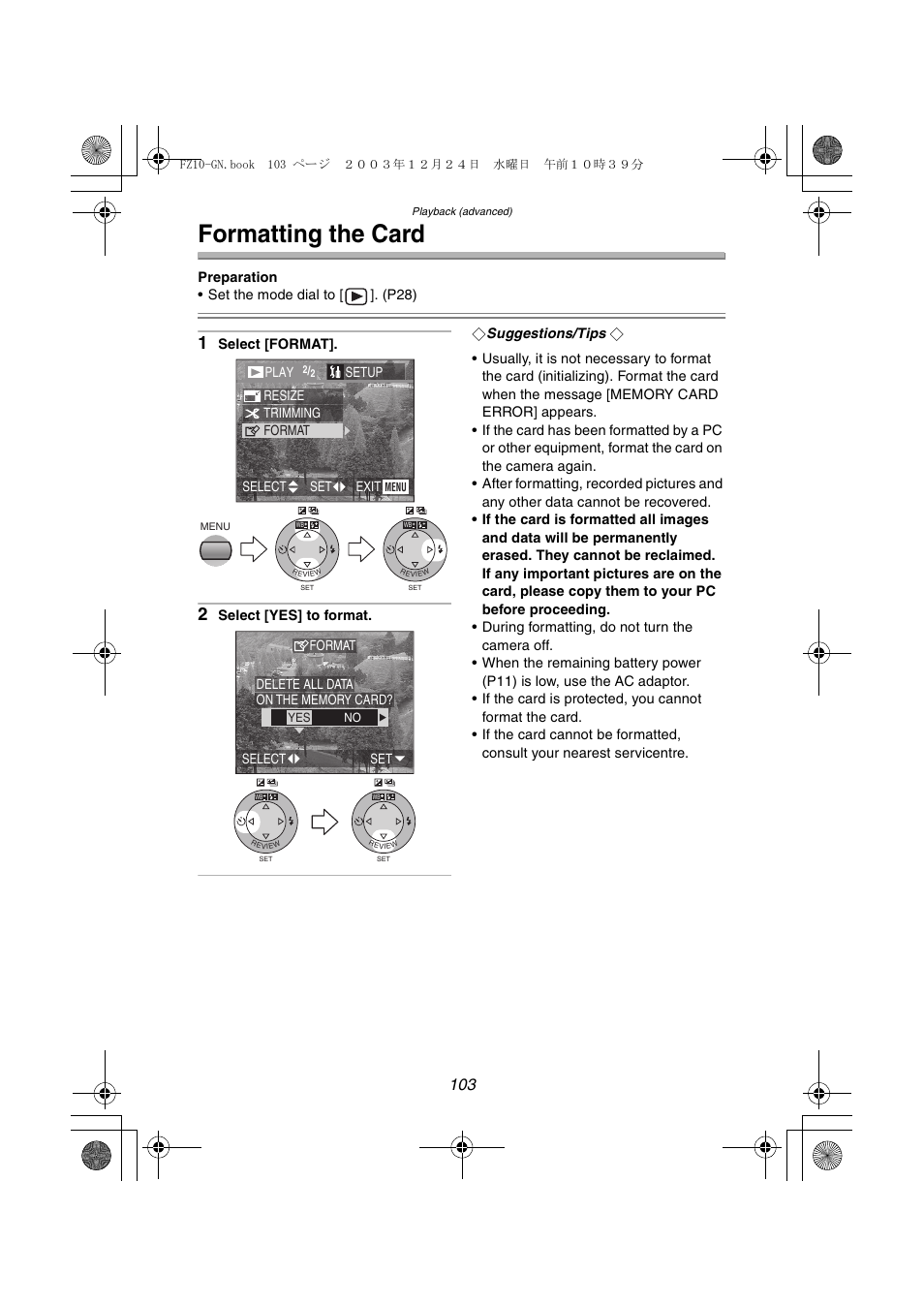 Formatting the card | Panasonic DMC-FZ10GN User Manual | Page 103 / 132