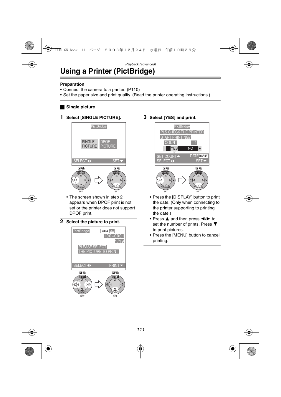 Using a printer (pictbridge) | Panasonic DMC-FZ10GN User Manual | Page 111 / 132