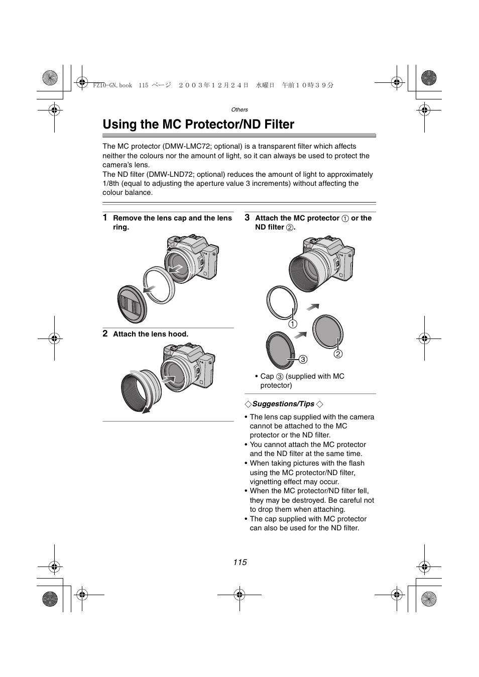 Using the mc protector/nd filter | Panasonic DMC-FZ10GN User Manual | Page 115 / 132