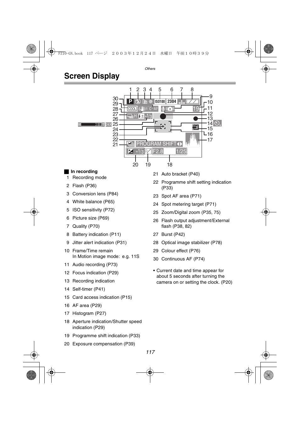 Screen display | Panasonic DMC-FZ10GN User Manual | Page 117 / 132