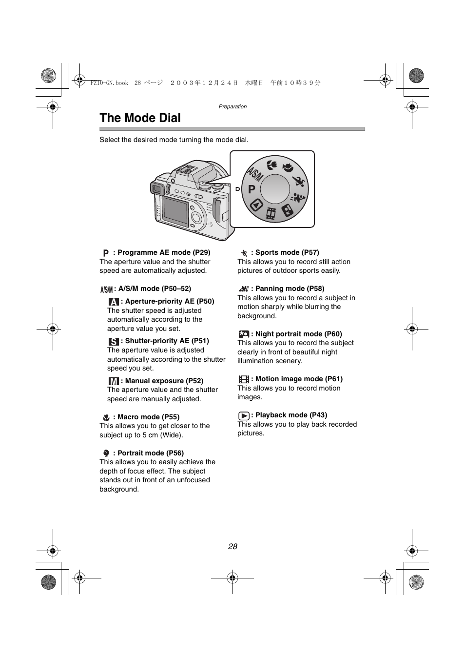 The mode dial, A/s/m | Panasonic DMC-FZ10GN User Manual | Page 28 / 132