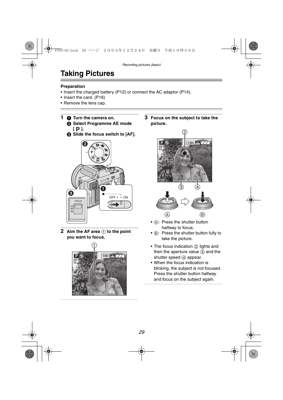 Taking pictures | Panasonic DMC-FZ10GN User Manual | Page 29 / 132