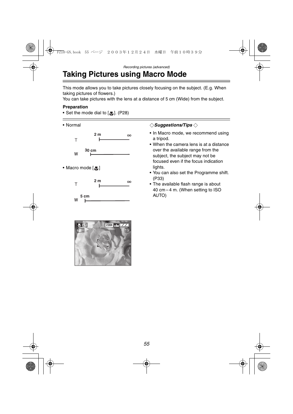 Taking pictures using macro mode | Panasonic DMC-FZ10GN User Manual | Page 55 / 132