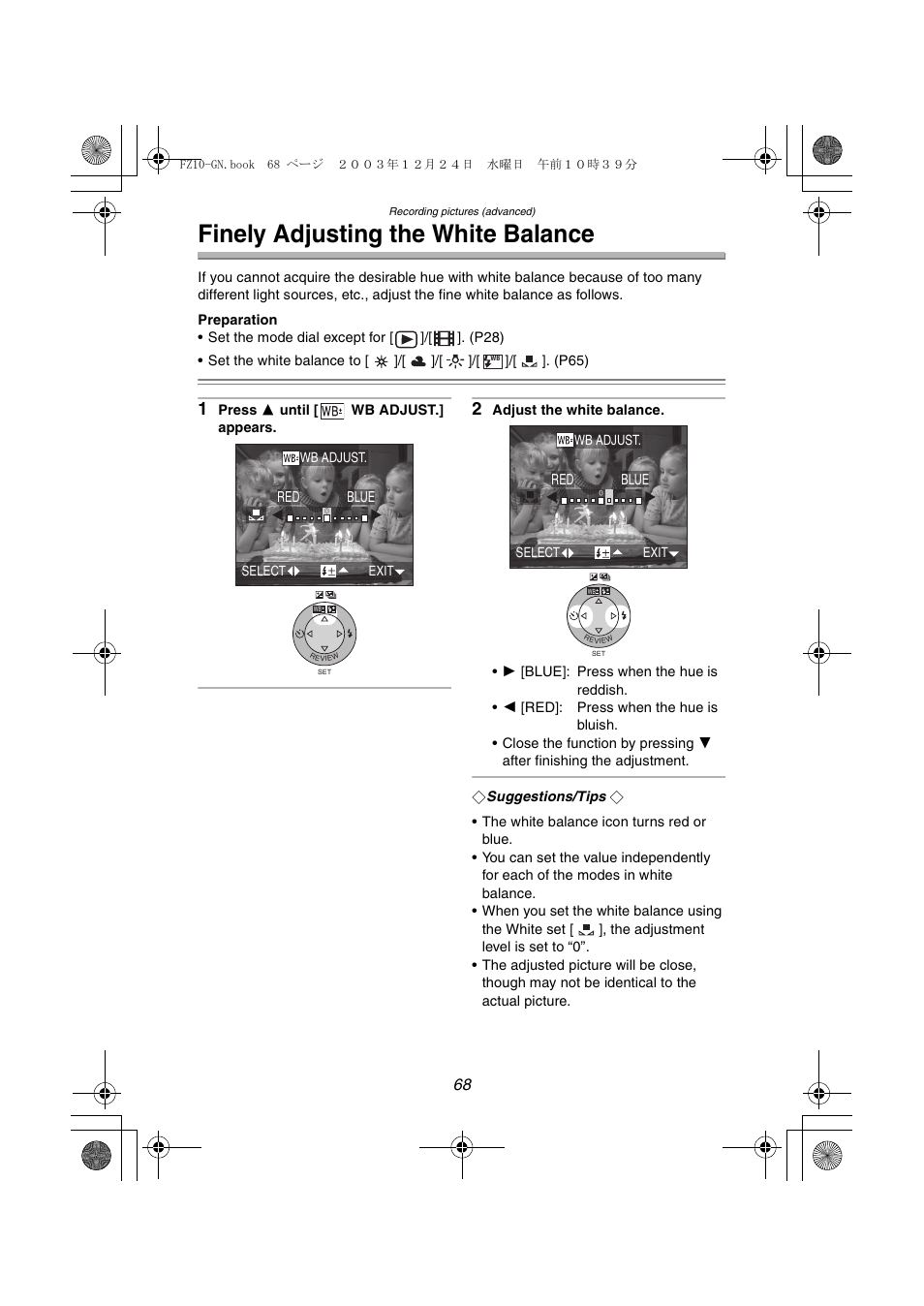 Finely adjusting the white balance | Panasonic DMC-FZ10GN User Manual | Page 68 / 132