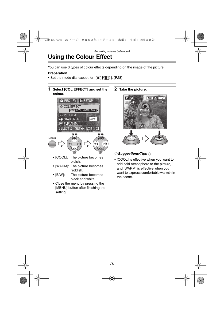 Using the colour effect | Panasonic DMC-FZ10GN User Manual | Page 76 / 132
