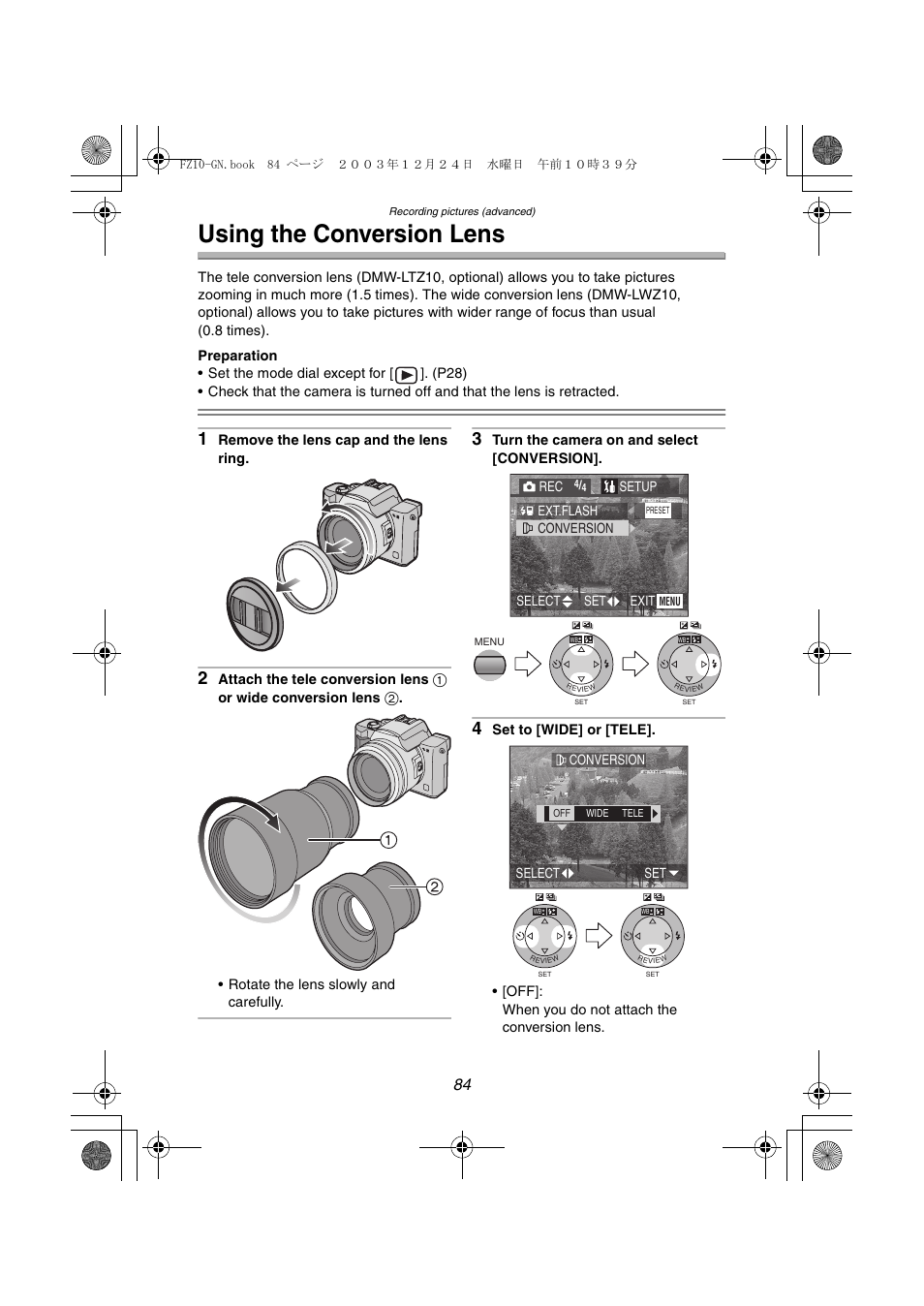Using the conversion lens | Panasonic DMC-FZ10GN User Manual | Page 84 / 132