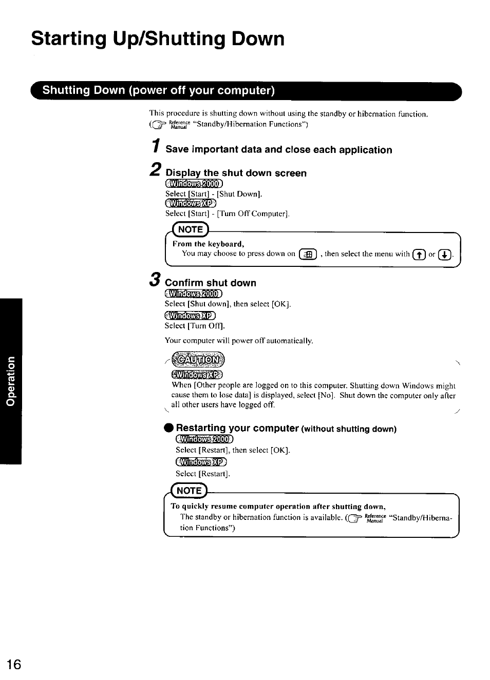 Starting up/shutting down, Shutting down (power off your computer), 1 save important data and close each application | 2 display the shut down screen, 3 confirm shut down, Swjndoy^xlsl, Auitiien, Restarting your computer (without shutting down) | Panasonic CF-28 User Manual | Page 16 / 36