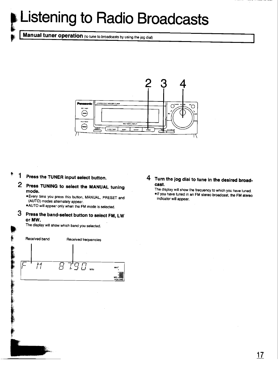 Listening to radio broadcasts, 1 press the tuner input select button, 2 press tuning to select the manual tuning mode | Panasonic SC-CH33 User Manual | Page 17 / 60