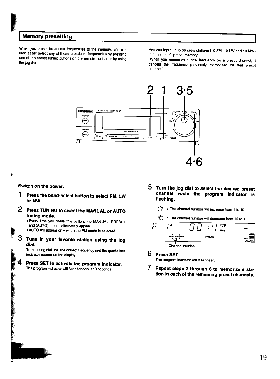 Memory presetting, R/ /w, Quartz lock mhz ma | Stereo min, Volume | Panasonic SC-CH33 User Manual | Page 19 / 60