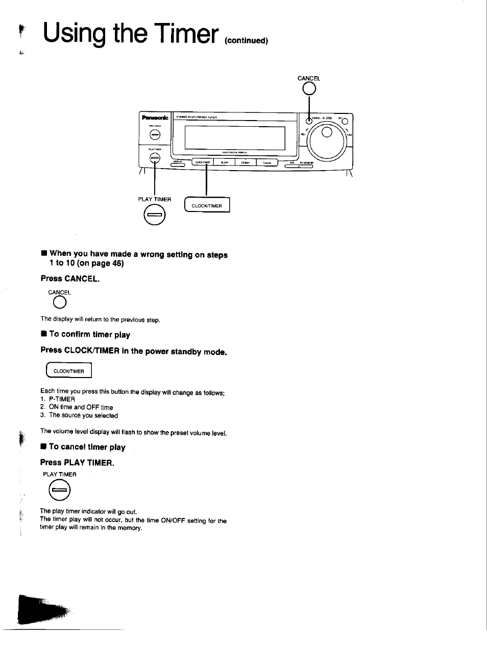 Using the timer, Press cancel, To confirm timer piay | Press clock/timer in the power standby mode | Panasonic SC-CH33 User Manual | Page 48 / 60