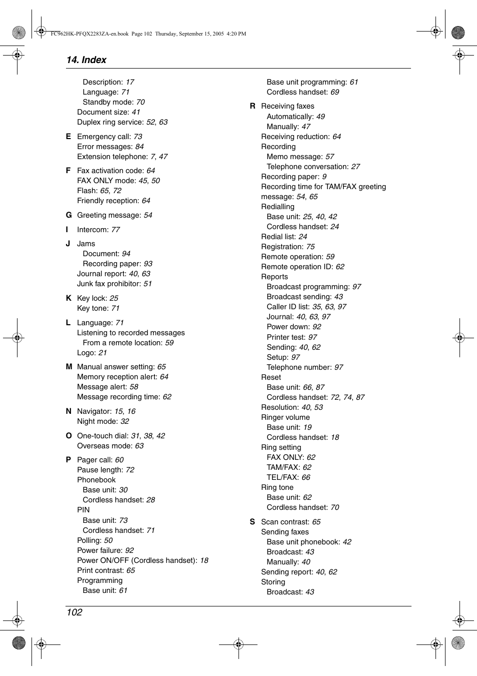 Index 102 | Panasonic KX-FC962HK User Manual | Page 102 / 104