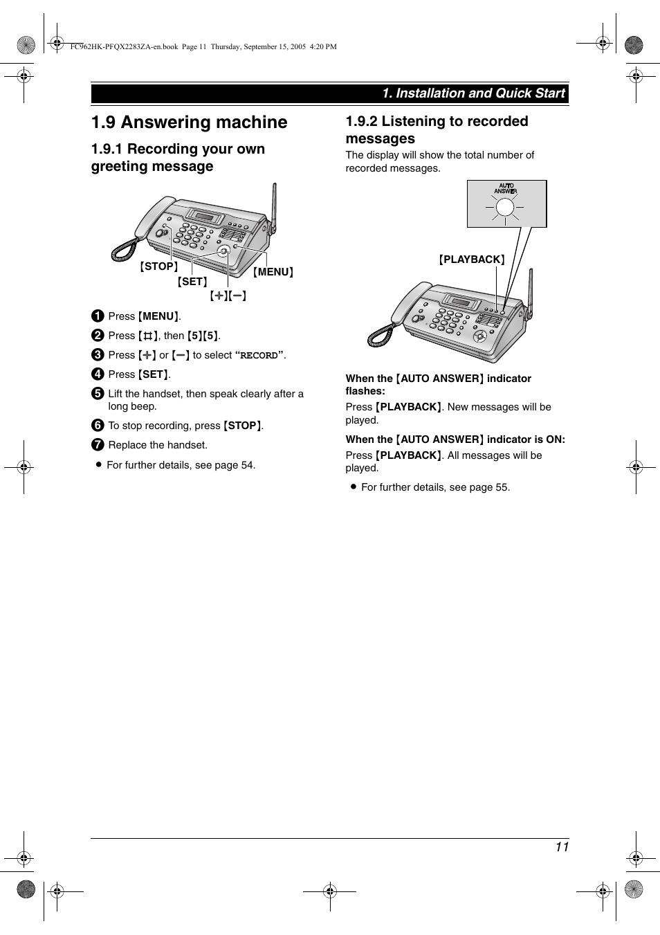 9 answering machine, Answering machine, 9 answering machine | 1 recording your own greeting message, 2 listening to recorded messages | Panasonic KX-FC962HK User Manual | Page 11 / 104