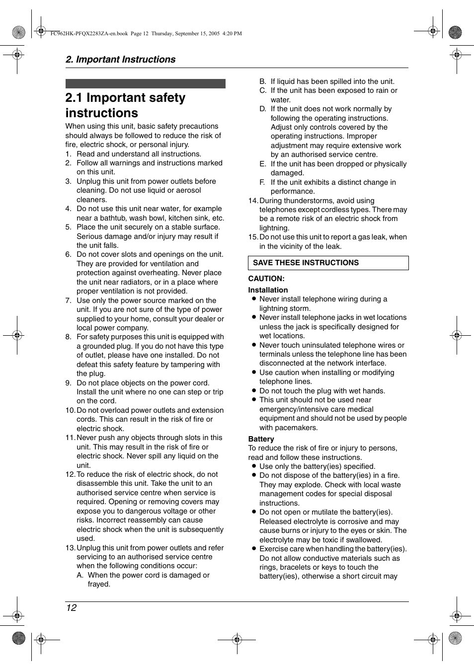 Important instructions, Important safety instructions, 1 important safety instructions | 1 important safety instructions, Important instructions 12 | Panasonic KX-FC962HK User Manual | Page 12 / 104
