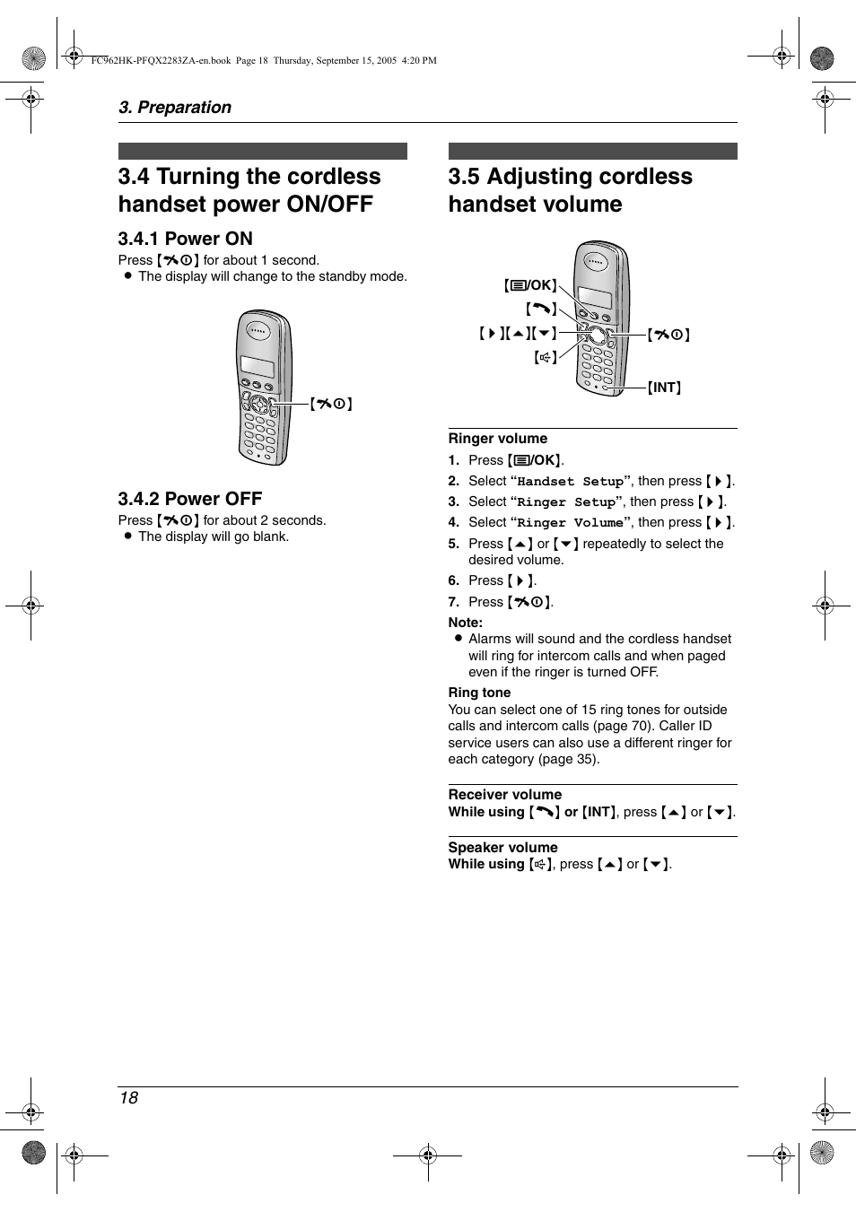4 turning the cordless handset power on/off, Volume, 5 adjusting cordless handset volume | Turning the cordless handset power on/off, Adjusting cordless handset volume, 4 turning the cordless handset power on/off, 5 adjusting cordless handset volume, 1 power on, 2 power off, Preparation 18 | Panasonic KX-FC962HK User Manual | Page 18 / 104