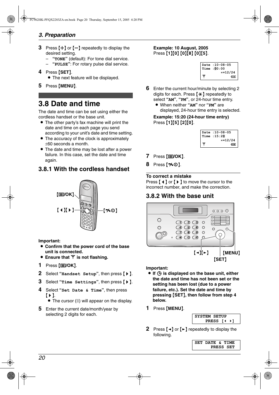 8 date and time, Date and time, 8 date and time | 1 with the cordless handset, 2 with the base unit | Panasonic KX-FC962HK User Manual | Page 20 / 104