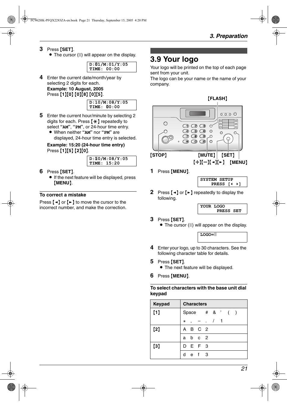 9 your logo, Your logo, 9 your logo | Preparation 21 3 | Panasonic KX-FC962HK User Manual | Page 21 / 104