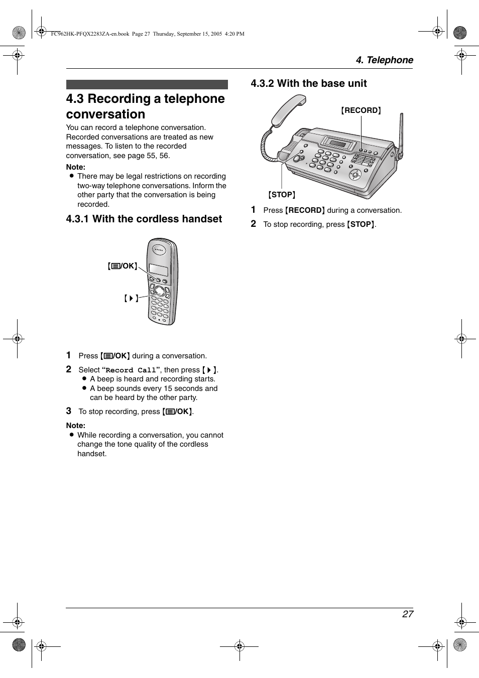 Recording, 3 recording a telephone conversation, Recording a telephone conversation 27 | 3 recording a telephone conversation, 1 with the cordless handset, 2 with the base unit | Panasonic KX-FC962HK User Manual | Page 27 / 104
