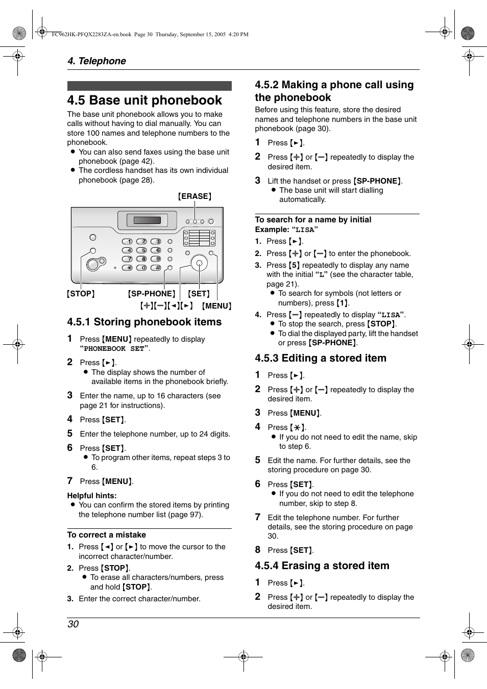 5 base unit phonebook, Base unit phonebook, 5 base unit phonebook | 1 storing phonebook items, 2 making a phone call using the phonebook, 3 editing a stored item, 4 erasing a stored item | Panasonic KX-FC962HK User Manual | Page 30 / 104