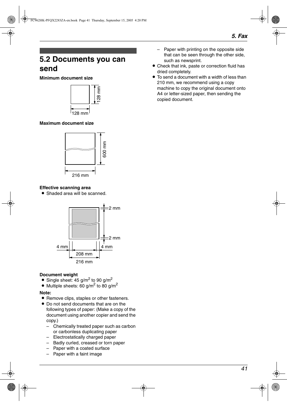 2 documents you can send, Documents you can send, 2 documents you can send | Fax 41 | Panasonic KX-FC962HK User Manual | Page 41 / 104