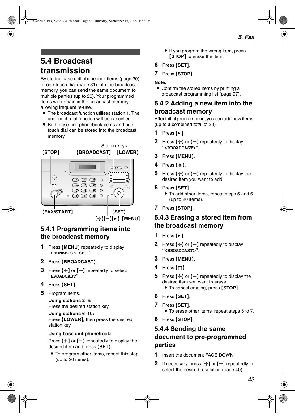 4 broadcast transmission, Broadcast transmission, 4 broadcast transmission | Panasonic KX-FC962HK User Manual | Page 43 / 104