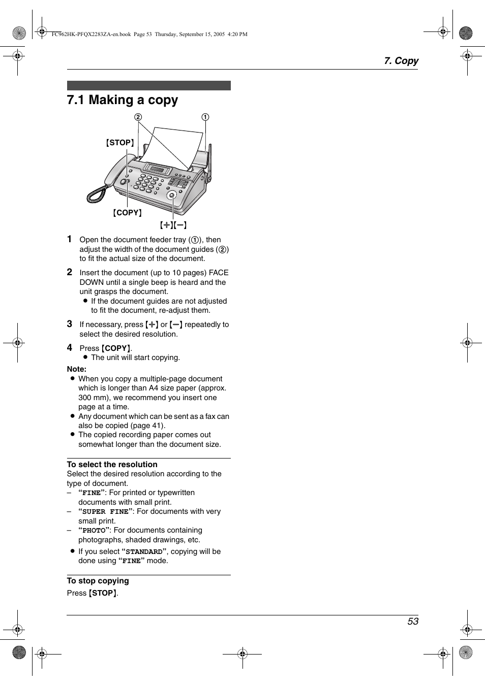 Copy, Copying, 1 making a copy | Making a copy, 1 making a copy, Copy 53 | Panasonic KX-FC962HK User Manual | Page 53 / 104