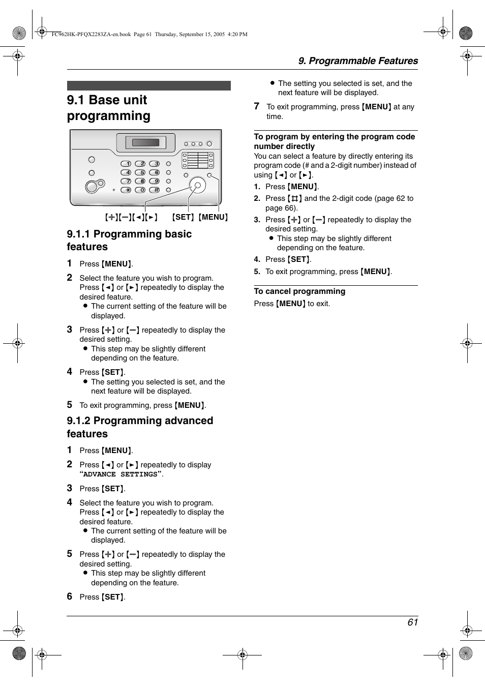 Programmable features, Base unit, 1 base unit programming | Base unit programming, 1 base unit programming, 1 programming basic features, 2 programming advanced features | Panasonic KX-FC962HK User Manual | Page 61 / 104