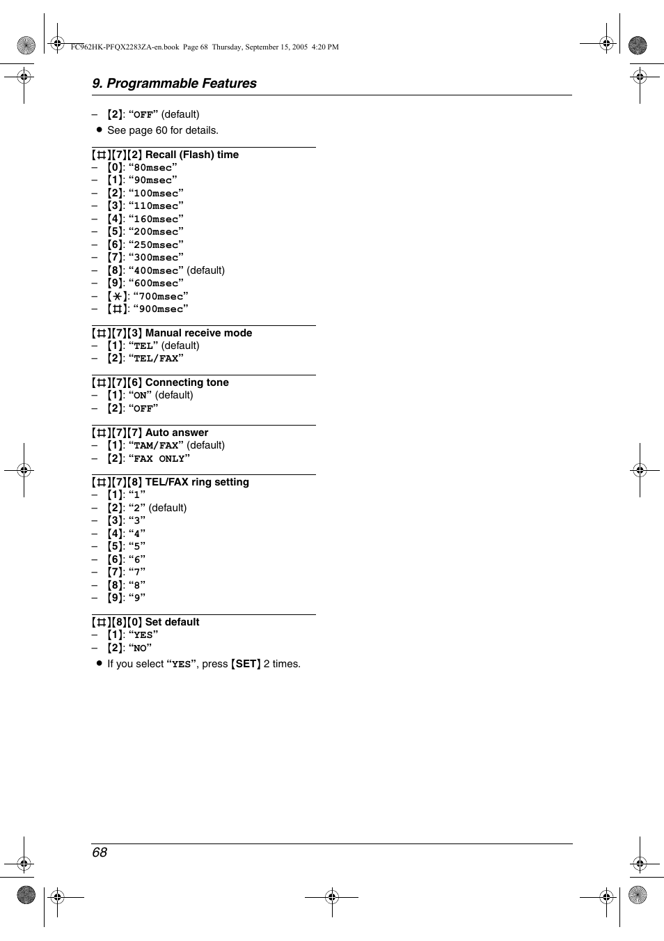 Programmable features 68 | Panasonic KX-FC962HK User Manual | Page 68 / 104