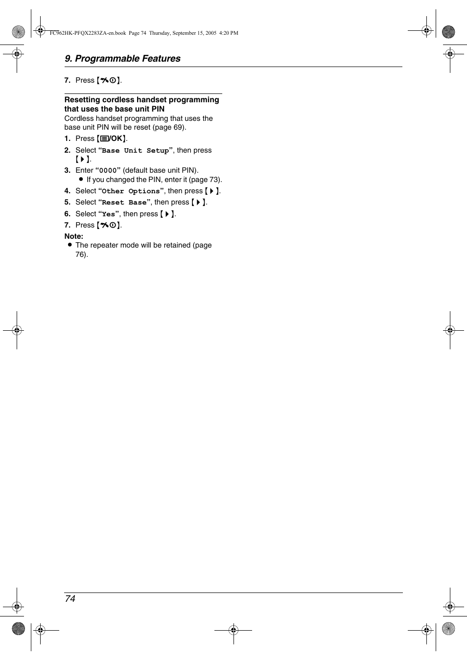 Programmable features 74 | Panasonic KX-FC962HK User Manual | Page 74 / 104