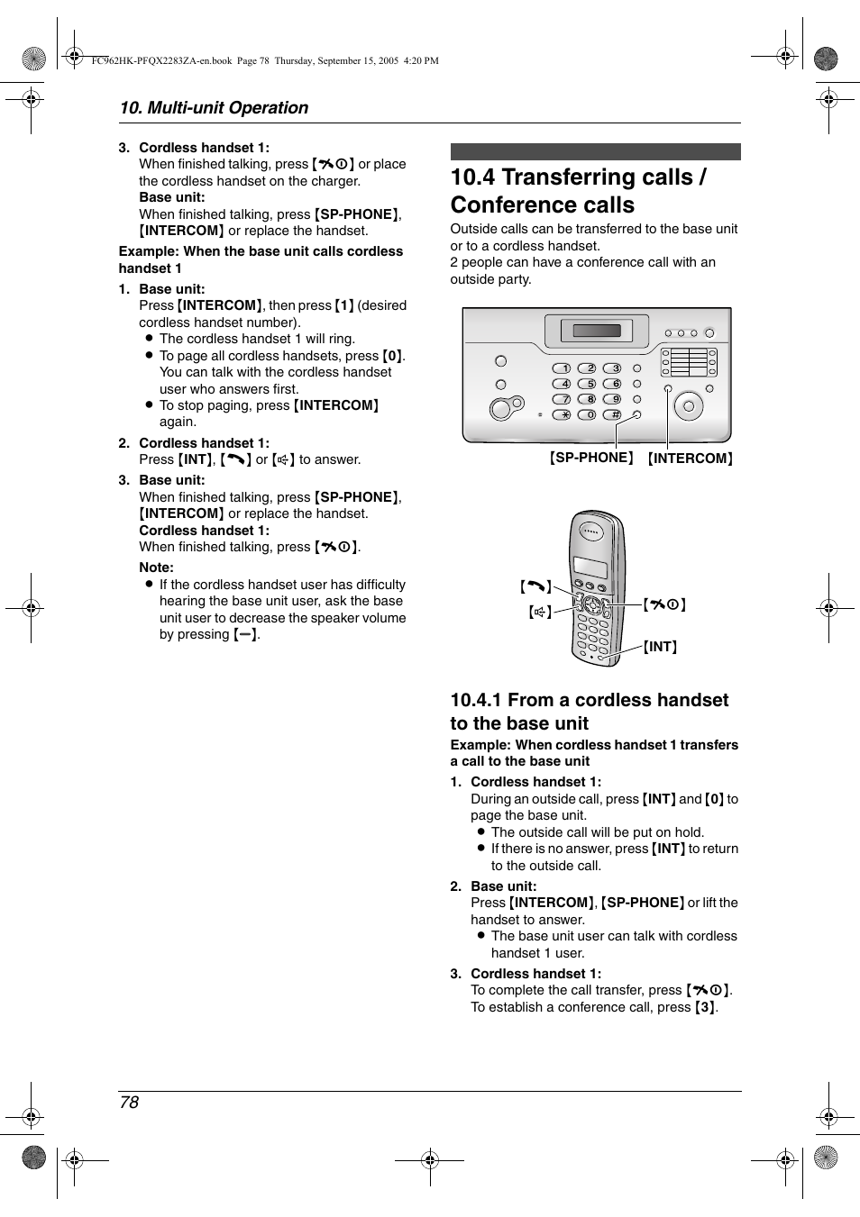 4 transferring calls / conference calls, Transferring calls / conference calls. 78, 4 transferring calls / conference calls | 1 from a cordless handset to the base unit, Multi-unit operation 78 | Panasonic KX-FC962HK User Manual | Page 78 / 104