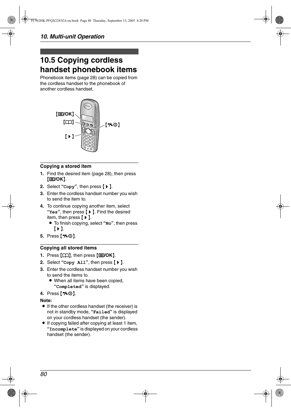 5 copying cordless handset phonebook items, Copying cordless handset phonebook, Items | 5 copying cordless handset phonebook items, Multi-unit operation 80 | Panasonic KX-FC962HK User Manual | Page 80 / 104