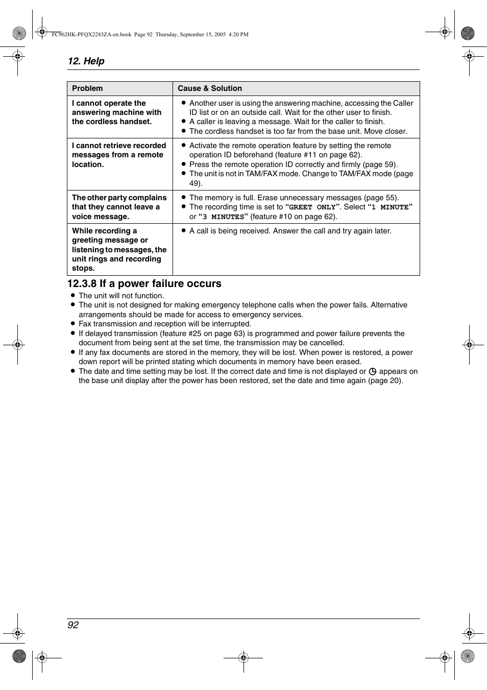 8 if a power failure occurs, Help 92 | Panasonic KX-FC962HK User Manual | Page 92 / 104
