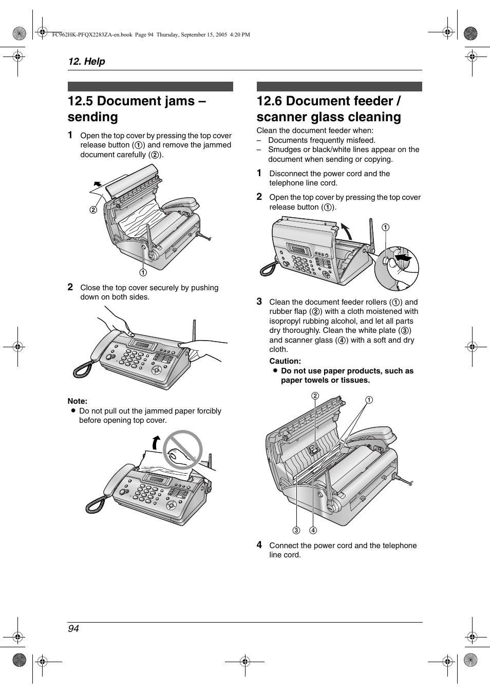 5 document jams – sending, Cleaning, 6 document feeder / scanner glass cleaning | Document jams – sending, Document feeder / scanner glass, 5 document jams – sending, 6 document feeder / scanner glass cleaning | Panasonic KX-FC962HK User Manual | Page 94 / 104