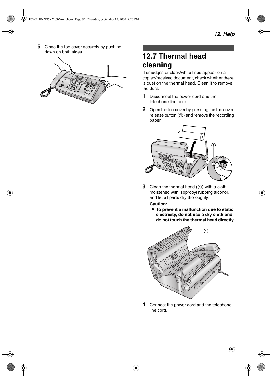 7 thermal head cleaning, Thermal head cleaning, 7 thermal head cleaning | Panasonic KX-FC962HK User Manual | Page 95 / 104