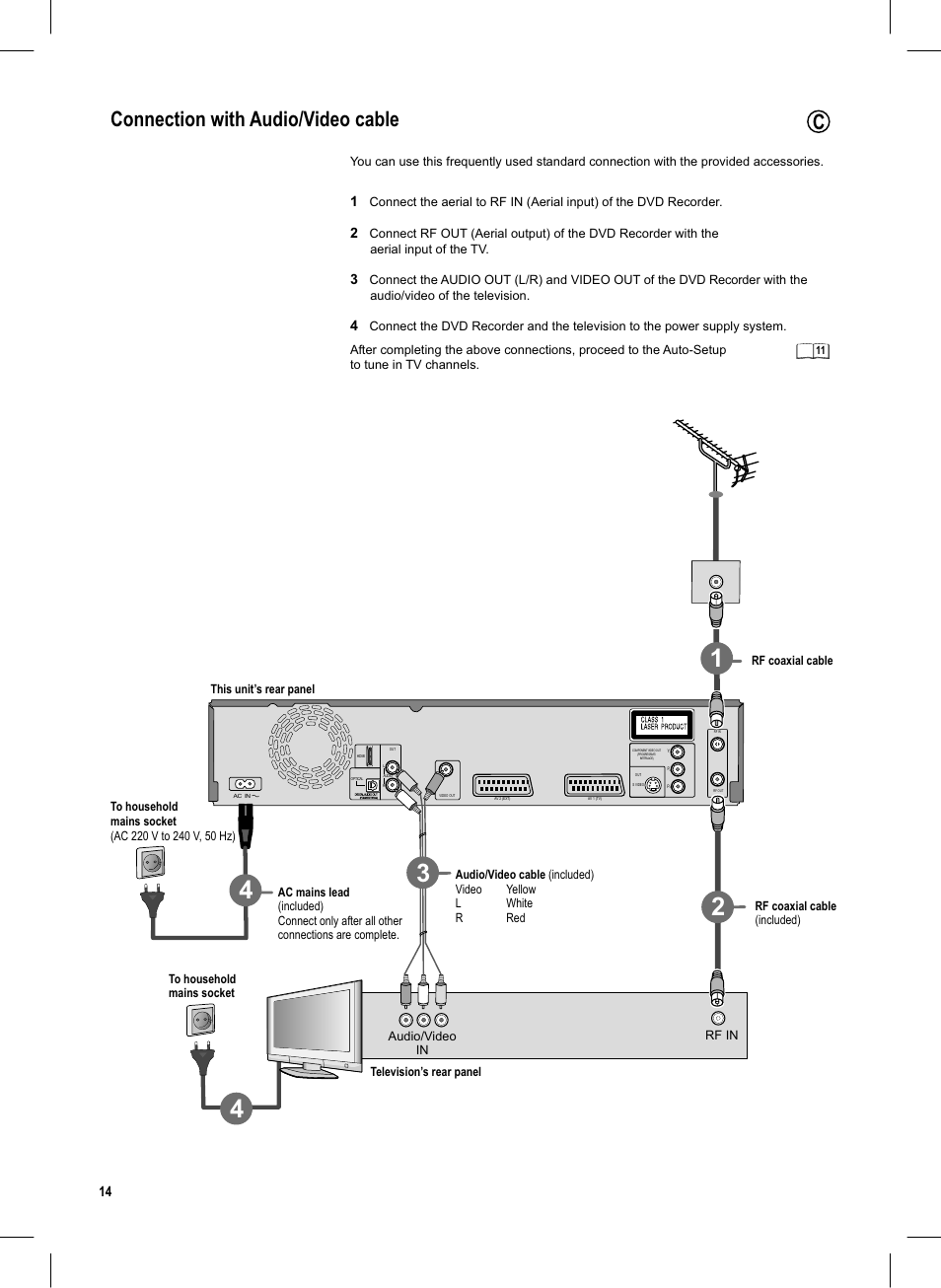 Seite14, Connection with audio/video cable | Panasonic DMR-EX95V User Manual | Page 14 / 84