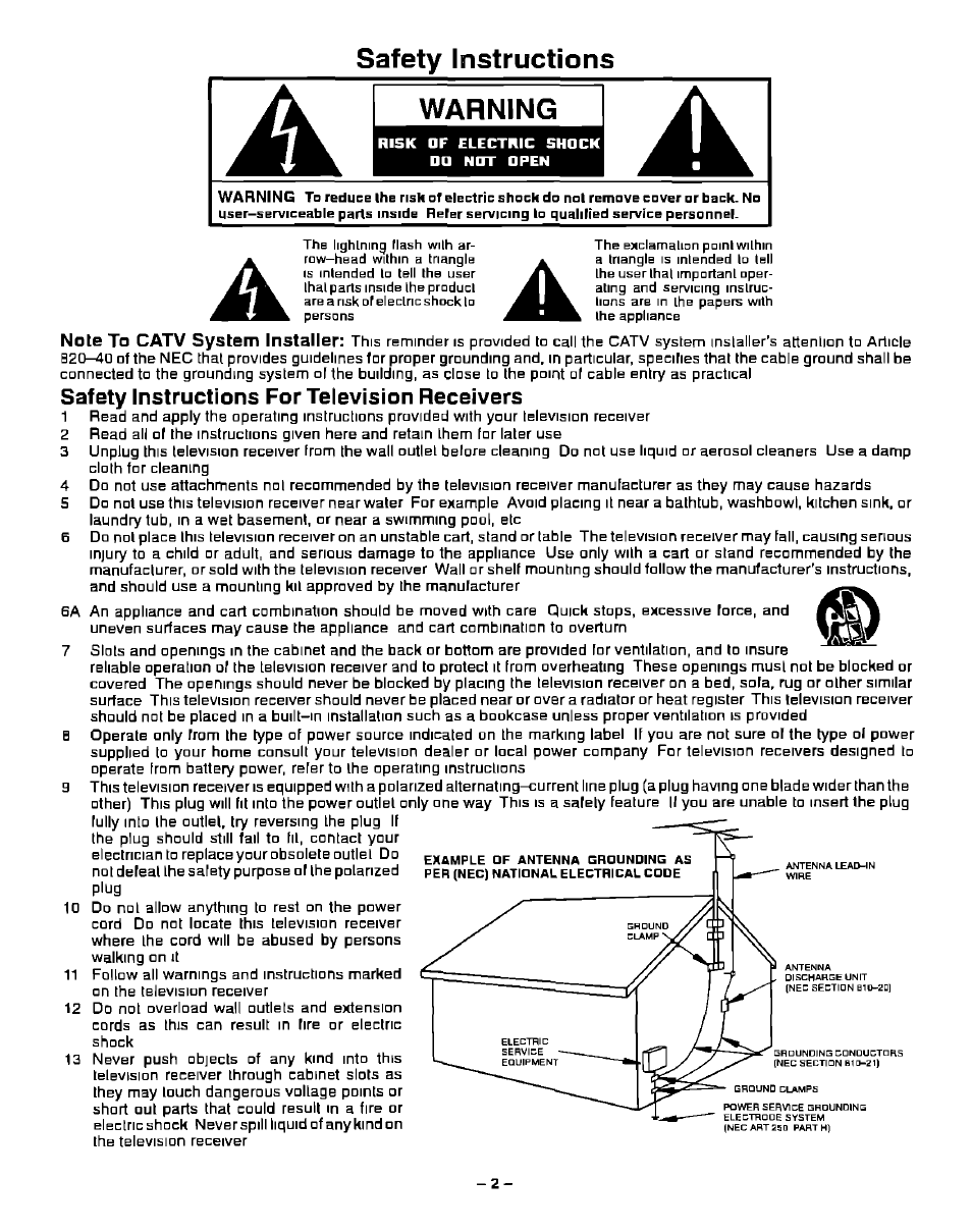 Safety instructions, Warning, Safety instructions for television receivers | Safety instructions warning | Panasonic PT-51G40 User Manual | Page 2 / 44