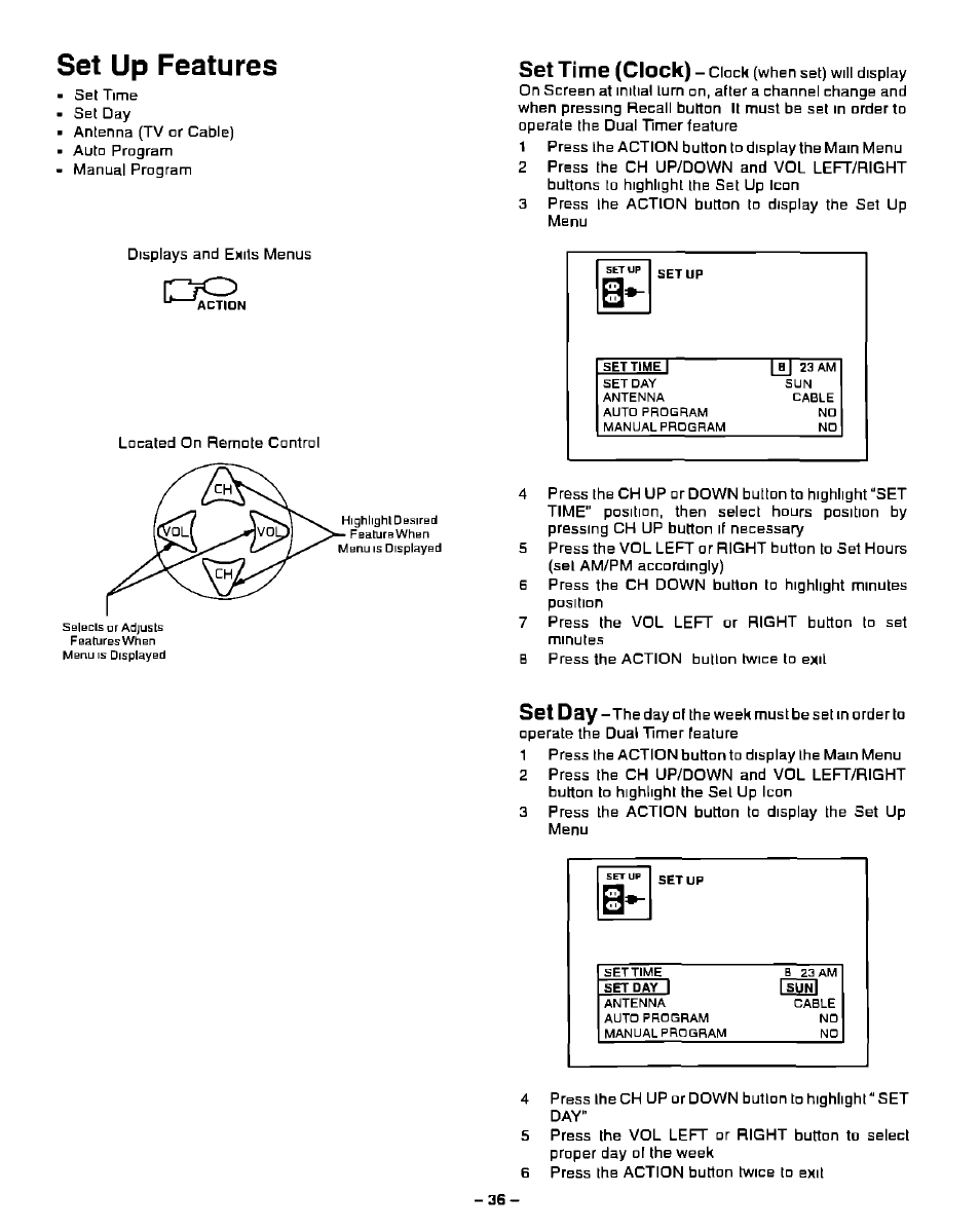 Set up features, Set-up features, Set time (clock) | Set day | Panasonic PT-51G40 User Manual | Page 36 / 44