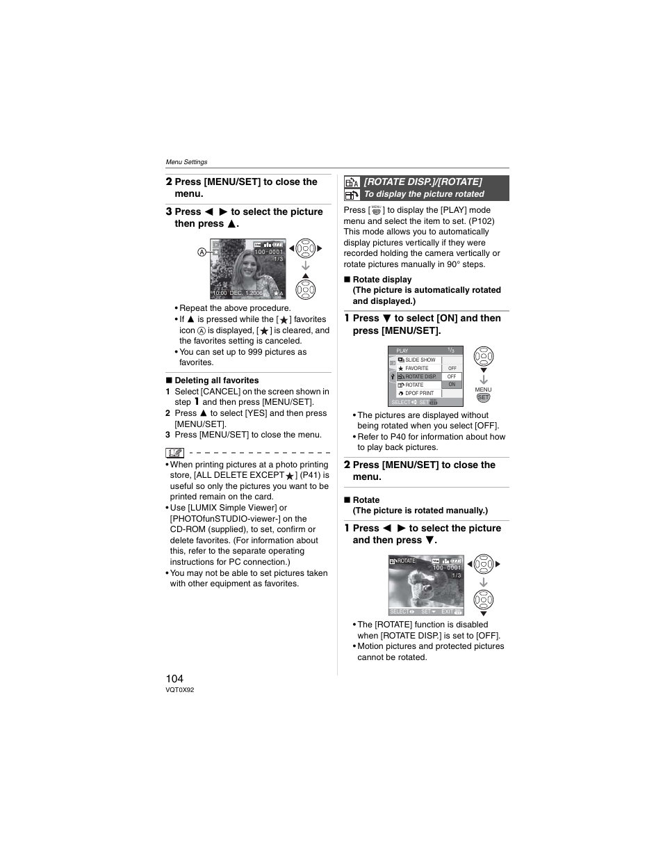 1 press  to select [on] and then press [menu/set, 2 press [menu/set] to close the menu, 1 press   to select the picture and then press | Rotate disp.]/[rotate | Panasonic DMC-FZ50 User Manual | Page 104 / 144
