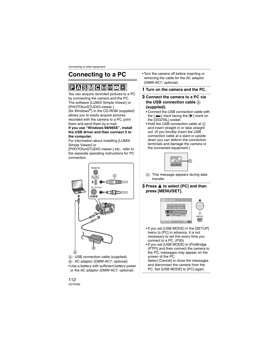 Connecting to other equipment, Connecting to a pc | Panasonic DMC-FZ50 User Manual | Page 112 / 144