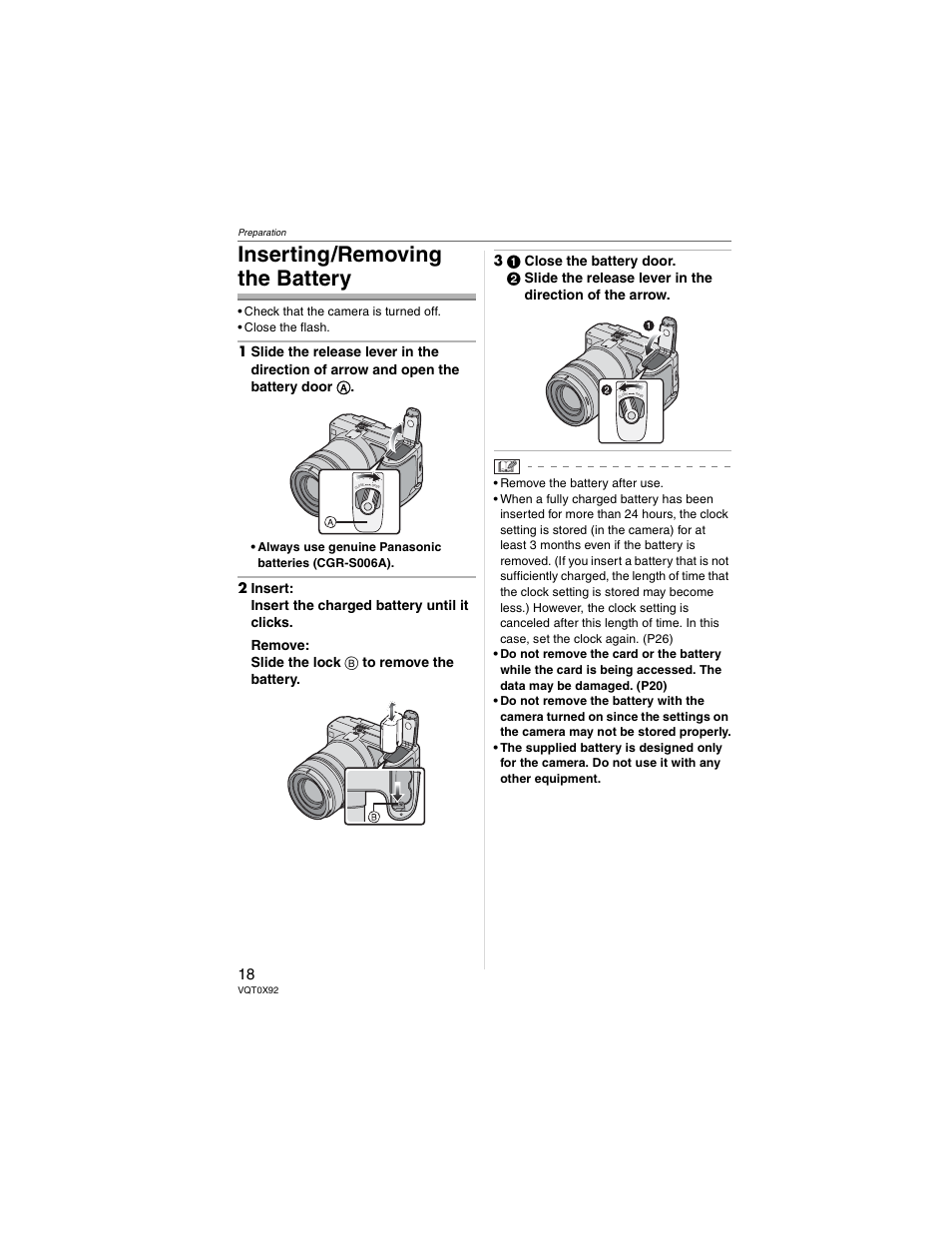 Inserting/removing the battery | Panasonic DMC-FZ50 User Manual | Page 18 / 144