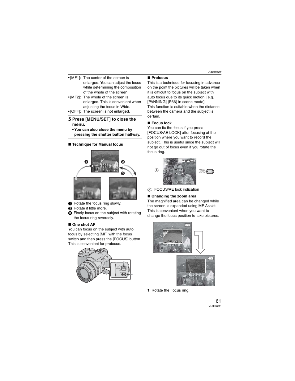 5 press [menu/set] to close the menu | Panasonic DMC-FZ50 User Manual | Page 61 / 144