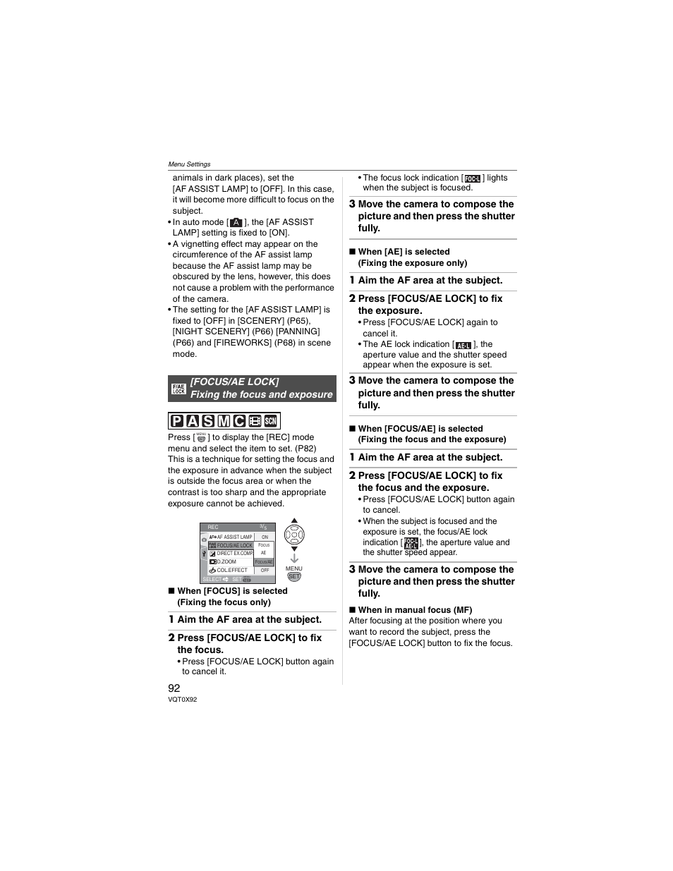 Focus/ae lock] fixing the focus and exposure | Panasonic DMC-FZ50 User Manual | Page 92 / 144