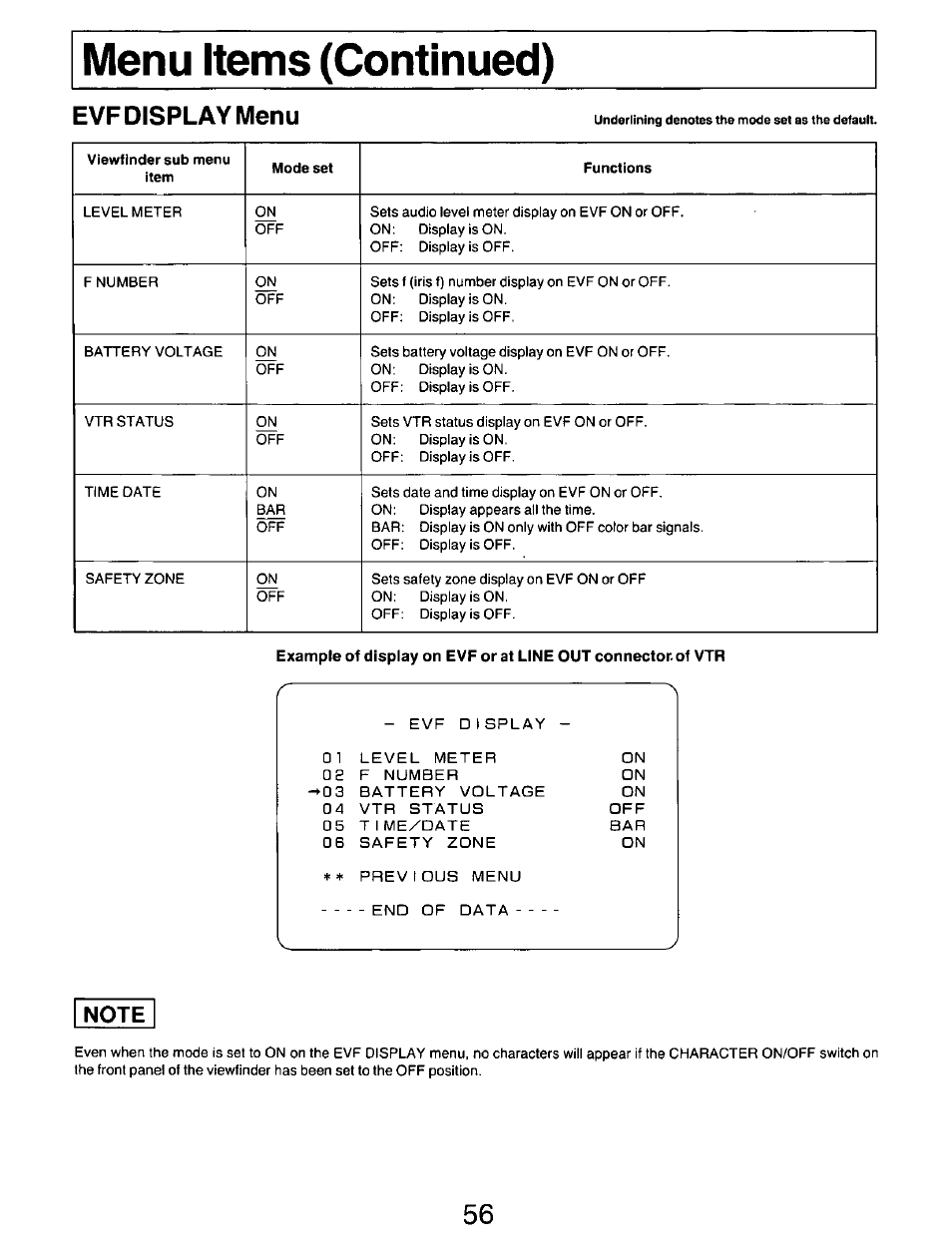 Note, Evf display menu | Panasonic AG-DP800HP User Manual | Page 56 / 80