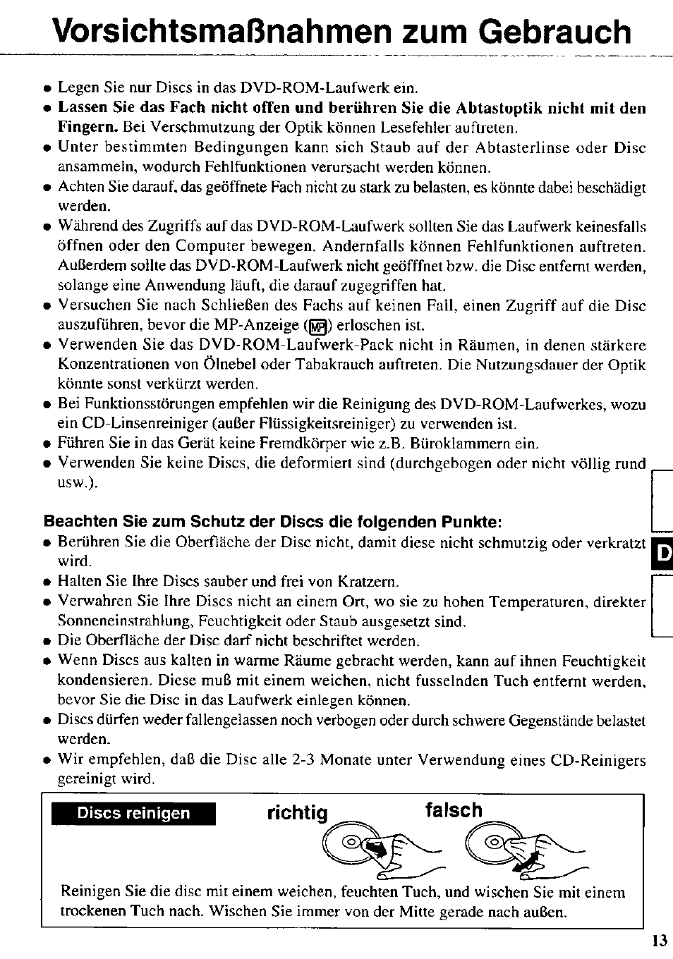 Discs reinigen, Vorsichtsmaßnahmen zum gebrauch, Richtig falsch | Panasonic CF-VDD721 User Manual | Page 13 / 28