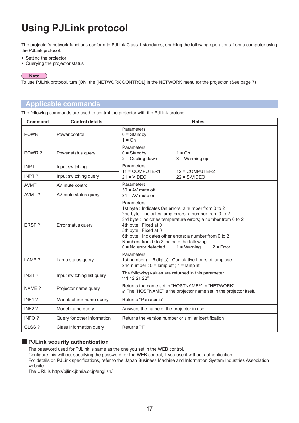Using pjlink protocol, Applicable commands | Panasonic TQBH0215-1 User Manual | Page 17 / 19