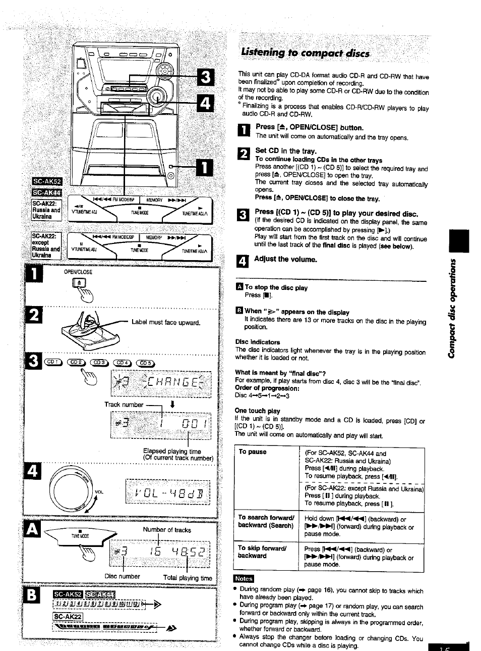 Press la, open/close] button, Set cd in the tray, Press [(cd 1) ~ (cd 5)] to play your desired disc | Adjust the volume, Usfemng to compact xsscs, S s^ л* f 5 ч b- ь ii? 1, 4/!l | Panasonic SC-AK52 EN User Manual | Page 15 / 32