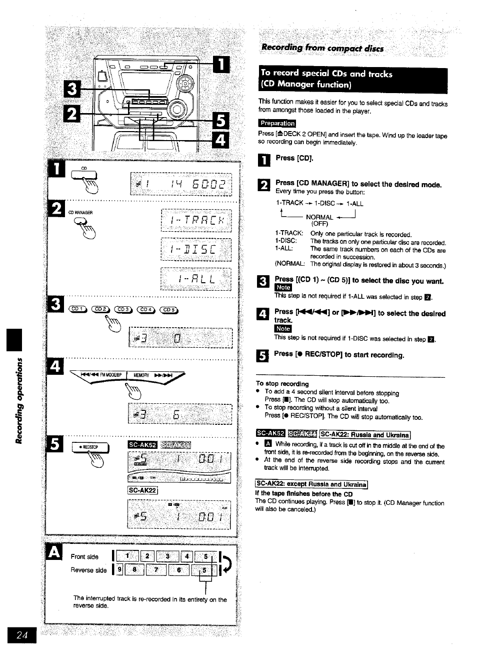 Press [cd, Press [co manager] to select the desired mode, Press or (►►/►►i] to select the desired | Track, Press [• rec/stop] to start recording | Panasonic SC-AK52 EN User Manual | Page 24 / 32