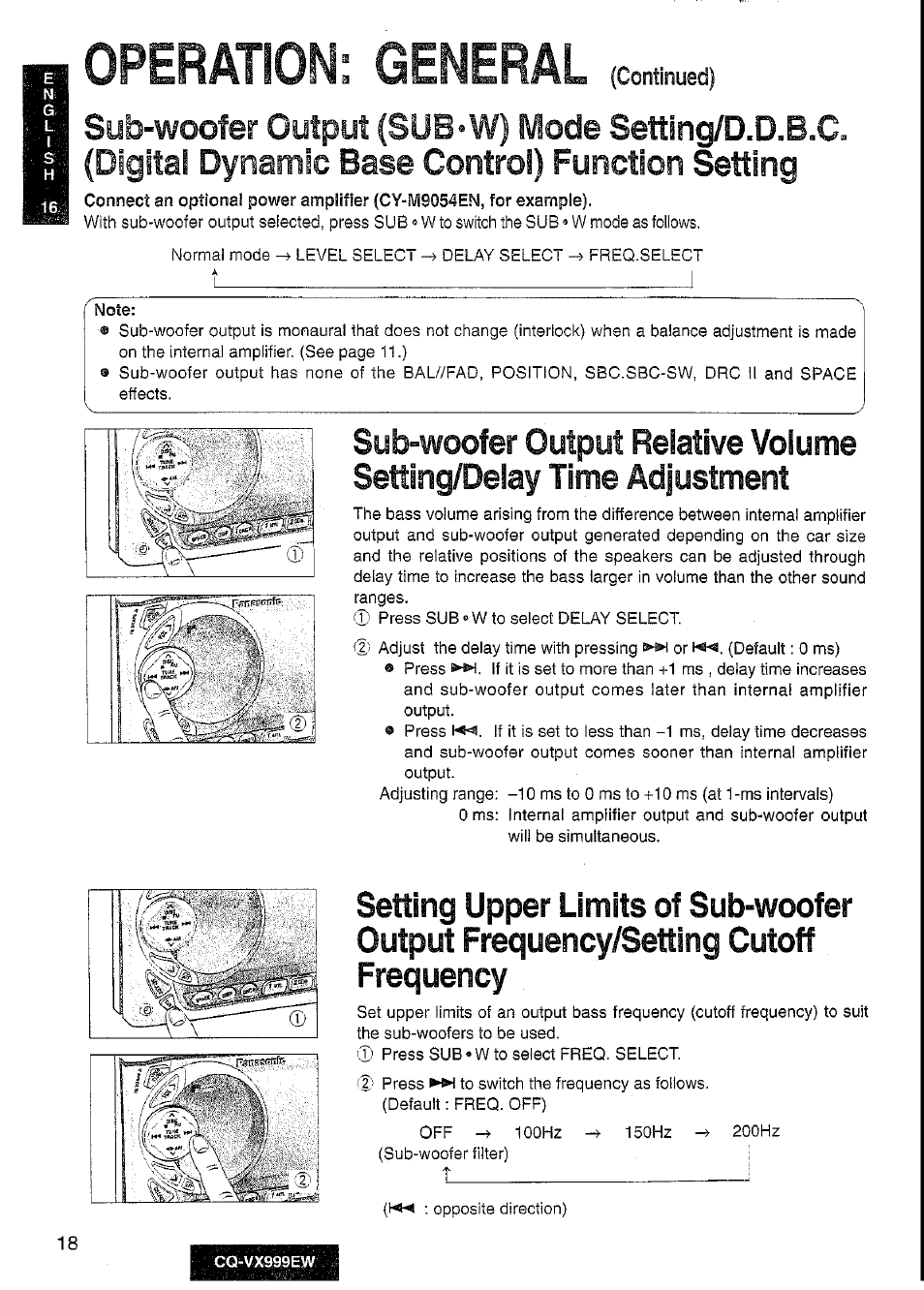 Operation: general, Setting/d.d.b.c, Sub-woofer output (sub«w) mode | Digital dynamic base control) function setting, Continued) | Panasonic CQ-VX999EW User Manual | Page 18 / 54