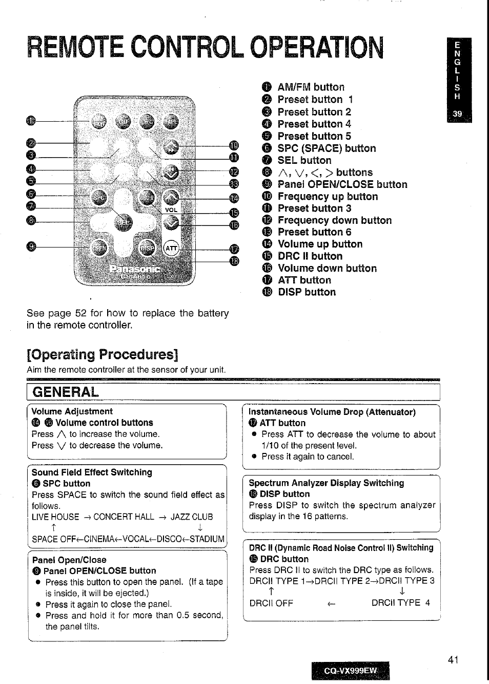 Remote control operation, Sound field effect switching ® spc button, Panel open/close ® pane! open/close button | Instantaneous volume drop (attenuator), Spectrum analyzer display switching ® disp button, Operating procedures, General | Panasonic CQ-VX999EW User Manual | Page 41 / 54