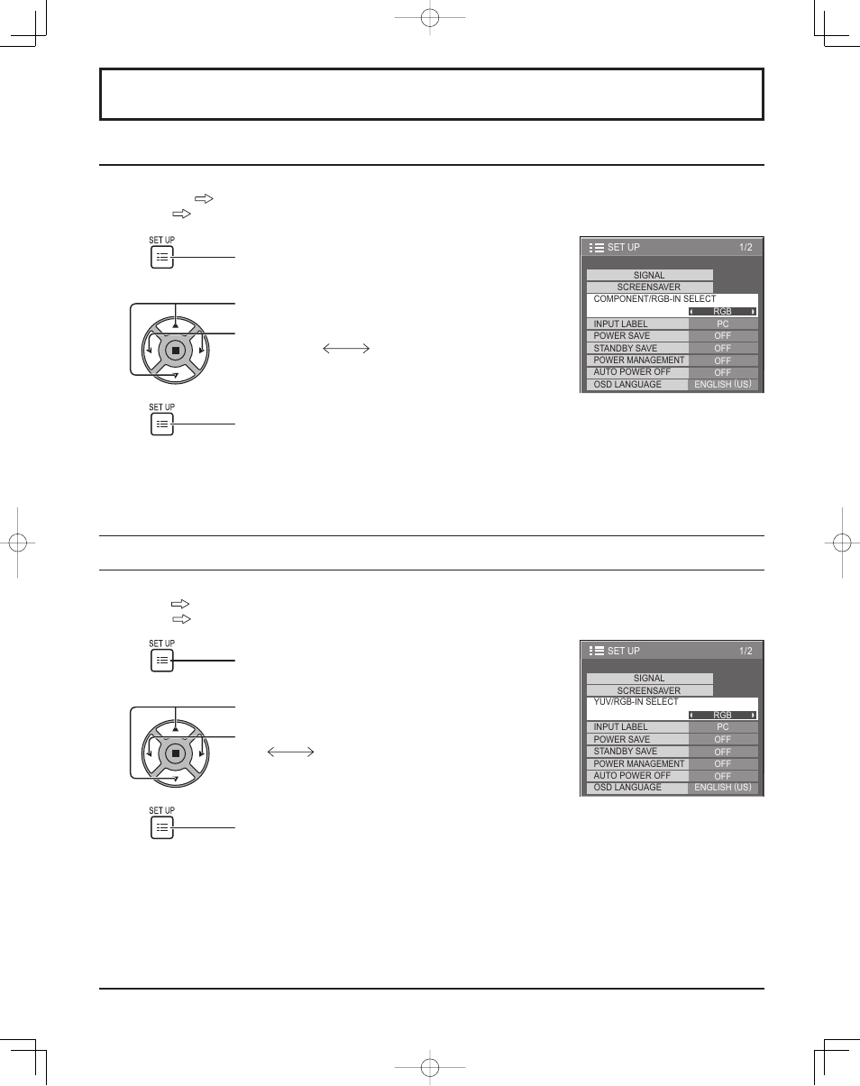 Set up for input signals, Component / rgb in select, Yuv / rgb in select | 12 3 yuv / rgb in select | Panasonic TH37PR11UK User Manual | Page 30 / 50